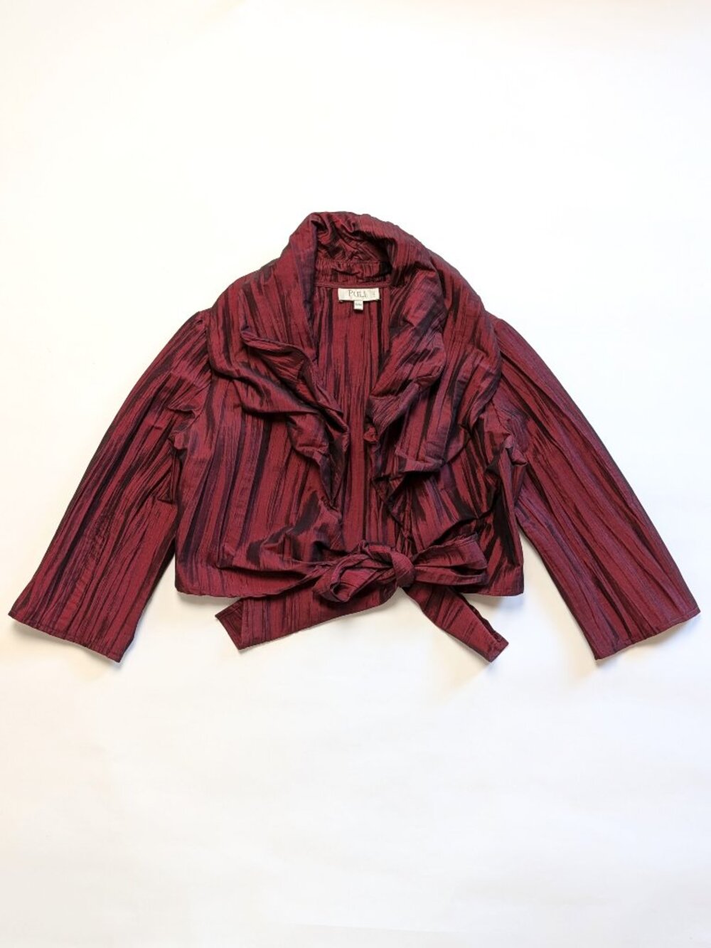 PULI Ruffle Shawl Collar Metallic Wine Red Cropped Evening Tie Shrug Jacket 10